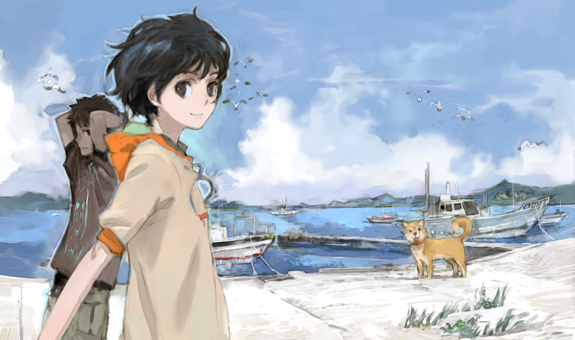 toi8, 1boy, 1girl, bird, boat, cloud, day, dog, outdoors, seagull, shirt, short hair, sky, t-shirt, water, watercraft
