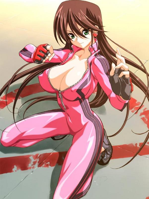 tagme, 1girl, biker clothes, bikesuit, bodysuit, breasts, brown hair, cleavage, earrings, female focus, fingerless gloves, gloves, green eyes, heart, heart earrings, jewelry, large breasts, long hair, solo