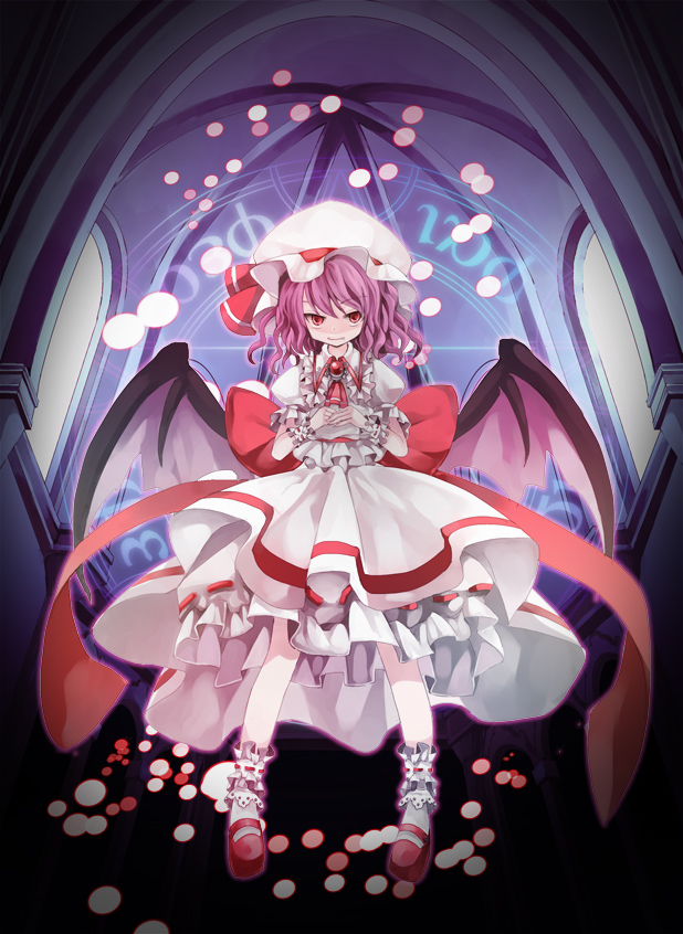 ring pearl, ringpearl, ringu paaru, remilia scarlet, touhou, bad id, bad pixiv id, 1girl, bat wings, female focus, hat, indoors, purple hair, red eyes, short hair, solo, wings, wrist cuffs