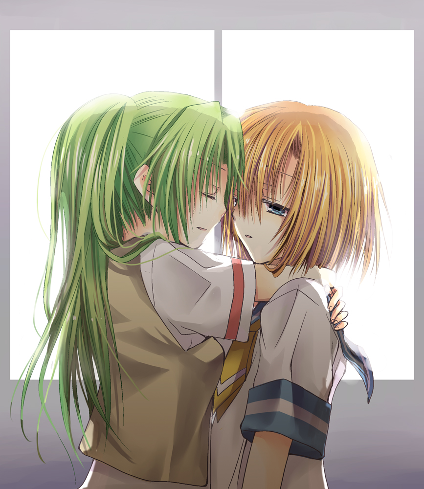 hibiki mio, ryuuguu rena, sonozaki mion, higurashi no naku koro ni, 00s, 2girls, blue eyes, closed eyes, green hair, hug, long hair, multiple girls, orange hair, ponytail, school uniform, serafuku, short hair, yuri