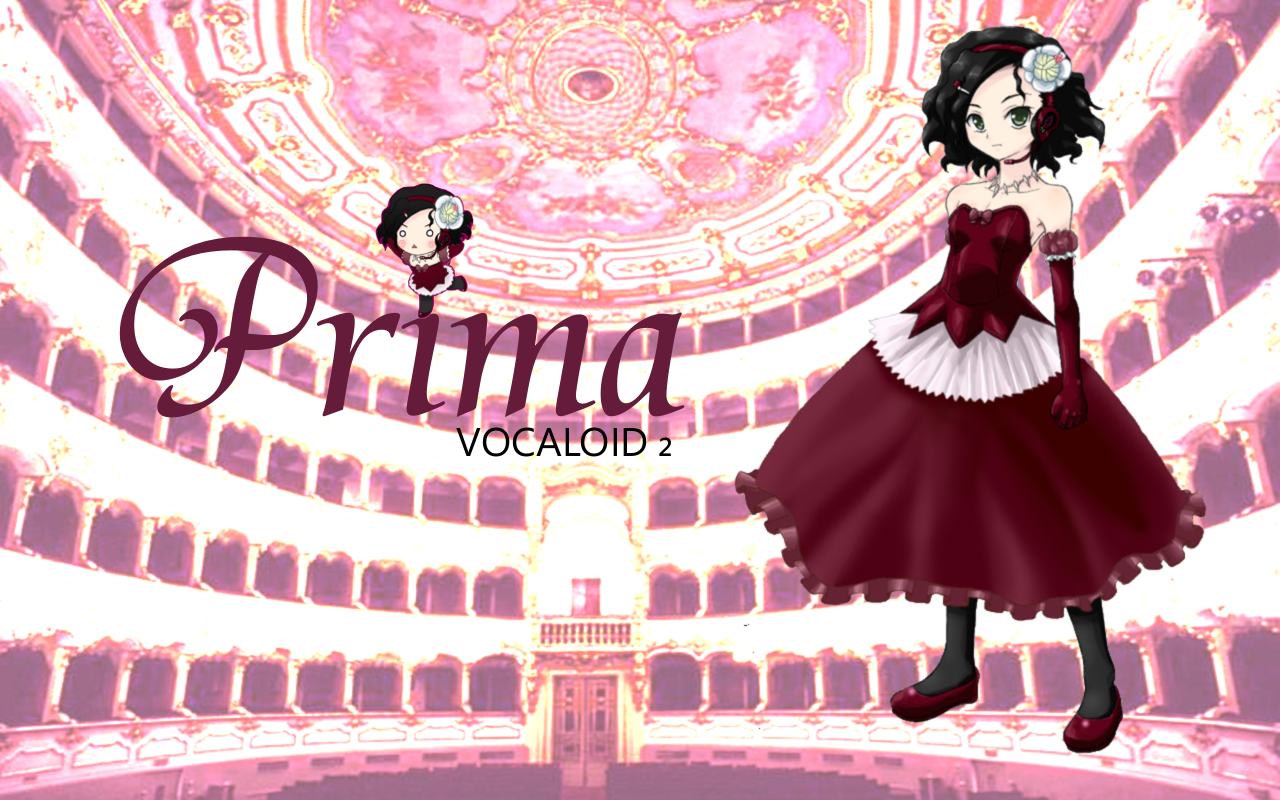 mameshiba (pixiv 59310), prima, primina, vocaloid, black hair, dress, elbow gloves, flower, gloves, green eyes, hair ornament, hairclip, headphones, headset, red dress, solo