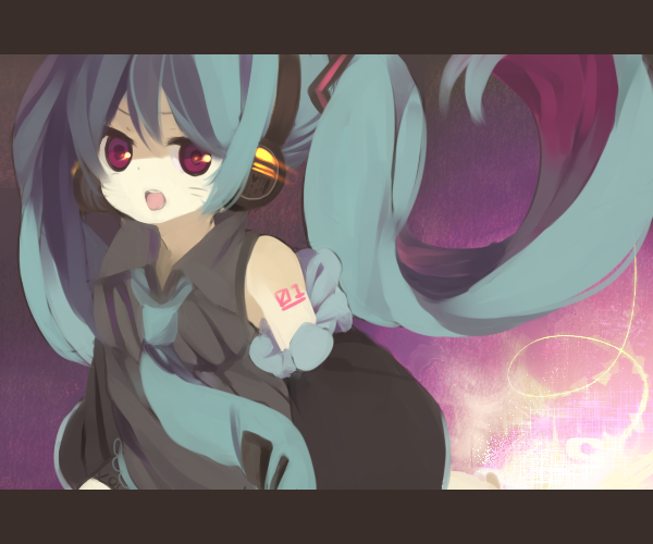 meisa, hatsune miku, vocaloid, bad id, bad pixiv id, aqua hair, detached sleeves, long hair, necktie, red eyes, solo, twintails