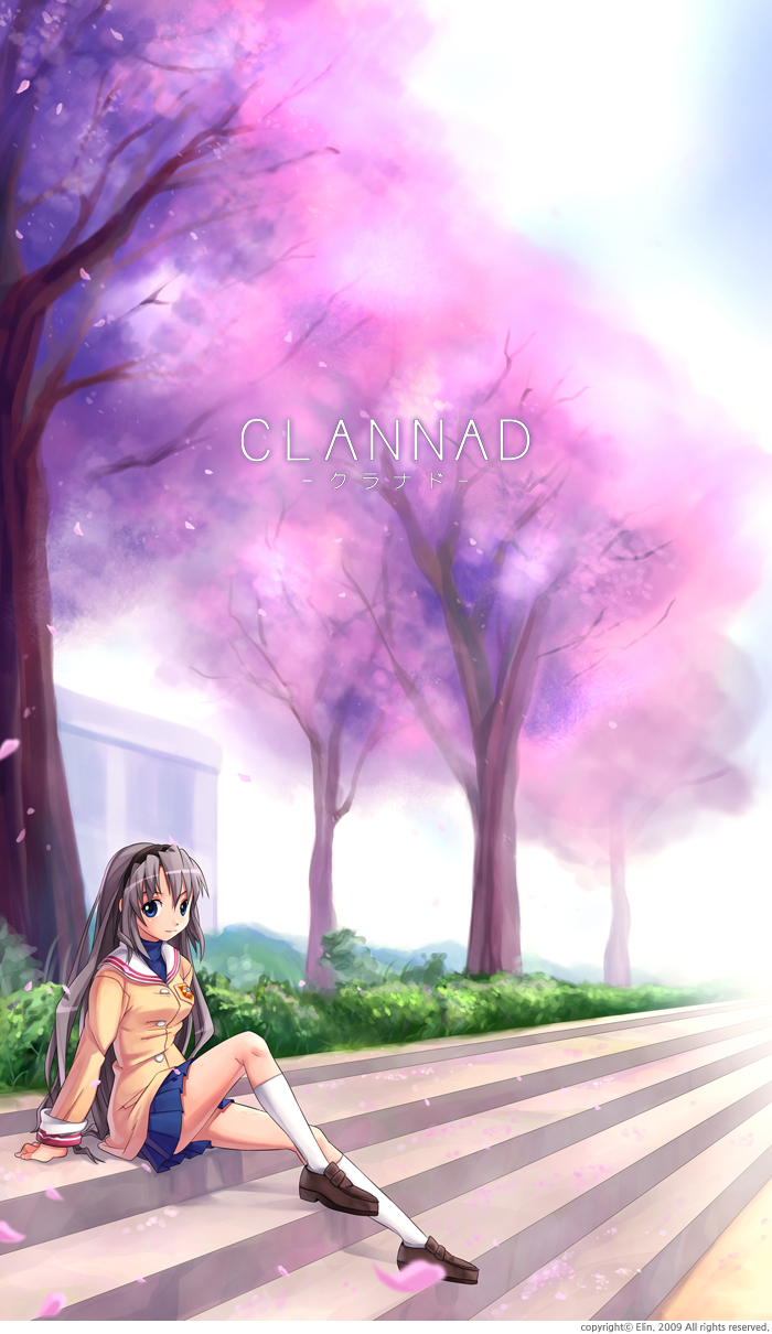 natsumi natsumi, sakagami tomoyo, clannad, bad id, bad pixiv id, highres, 00s, 1girl, blue eyes, cherry blossoms, female focus, grey hair, long hair, petals, school uniform, sitting, sitting on stairs, socks, solo, stairs, tree