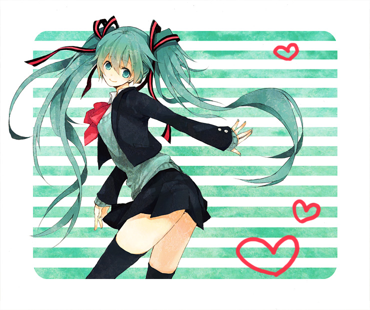 acht, sabutarou, hatsune miku, vocaloid, bad id, bad pixiv id, 1girl, aqua eyes, aqua hair, female focus, hair ribbon, heart, long hair, necktie, ribbon, skirt, smile, solo, thighhighs, twintails, zettai ryouiki