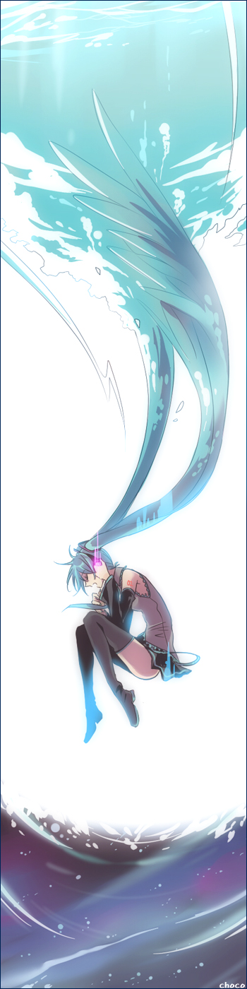 choco (pixiv), hatsune miku, vocaloid, bad id, bad pixiv id, highres, long image, tall image, aqua hair, closed eyes, fetal position, full body, headphones, headset, long hair, necktie, open mouth, plantar flexion, skirt, solo, thighhighs, twintails, very long hair, zettai ryouiki