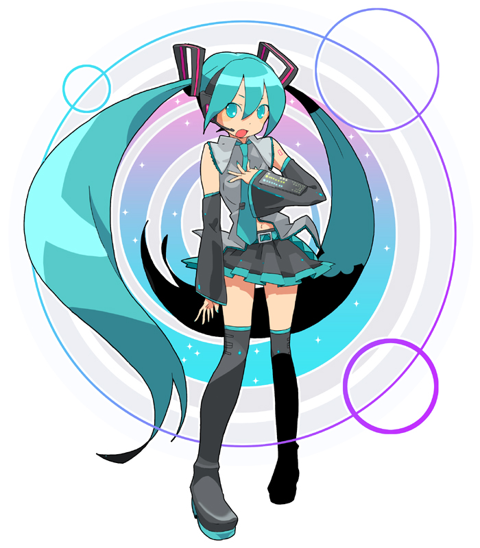 ukke, hatsune miku, vocaloid, aqua eyes, aqua hair, belt, detached sleeves, headphones, headset, legs, long hair, necktie, skirt, solo, thighhighs, twintails, zettai ryouiki