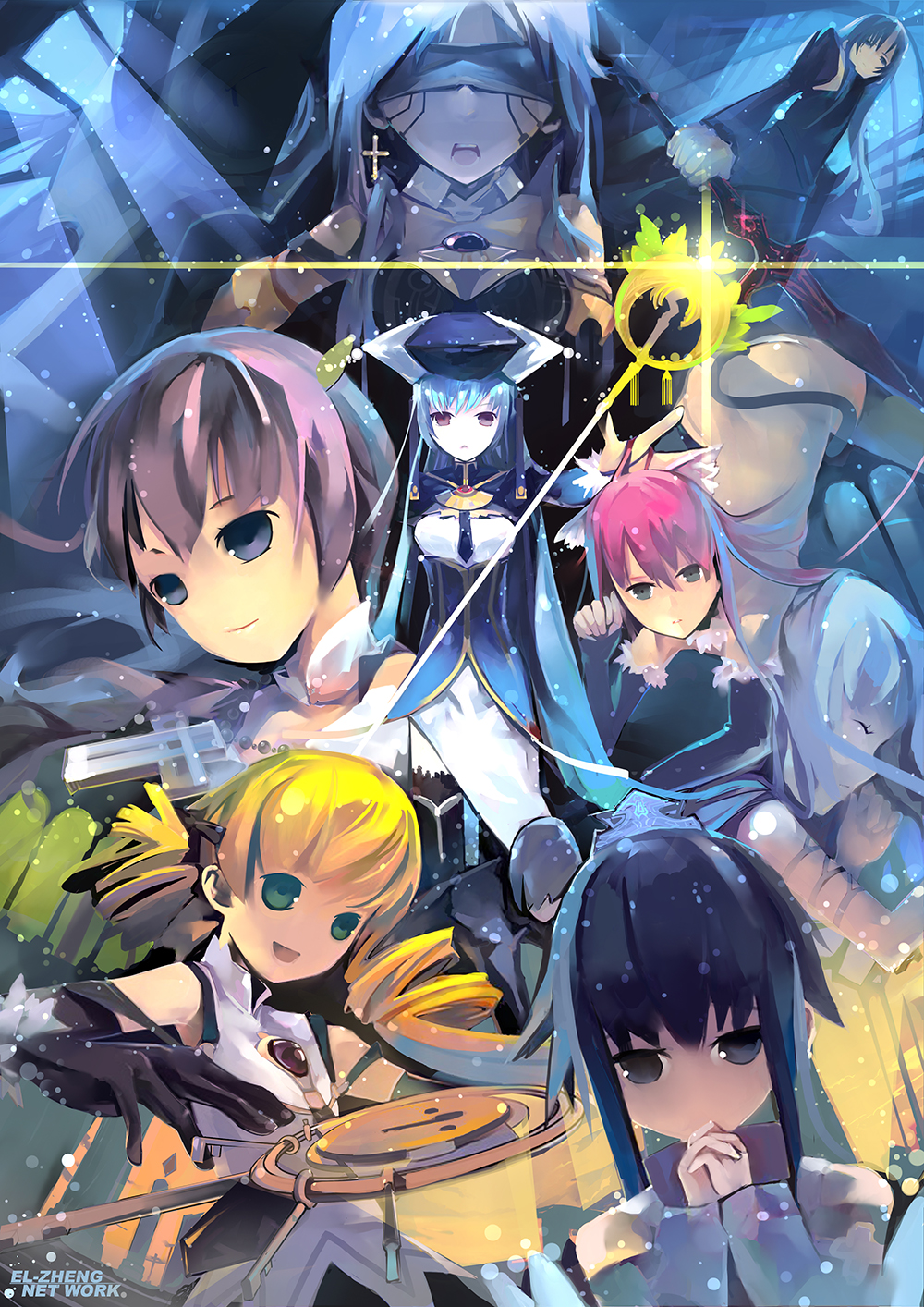 dan evan, buddy, jeremiah eurhythmia, maria loco, natas, rinon (megiddo), swen, yaha, kimi ga yobu megiddo no oka de, character request, highres, 6+girls, black eyes, black hair, blindfold, blonde hair, blue eyes, blue hair, cross, drill hair, earrings, elbow gloves, everyone, gloves, green eyes, hat, jewelry, long hair, multiple girls, necklace, open mouth, pink hair, polearm, purple eyes, purple hair, short hair, spear, twintails, weapon