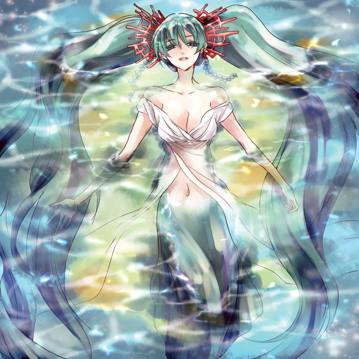 akurin, hatsune miku, vocaloid, bad id, bad pixiv id, 1girl, aqua hair, breasts, cleavage, female focus, large breasts, long hair, midriff, navel, solo, twintails, very long hair, water