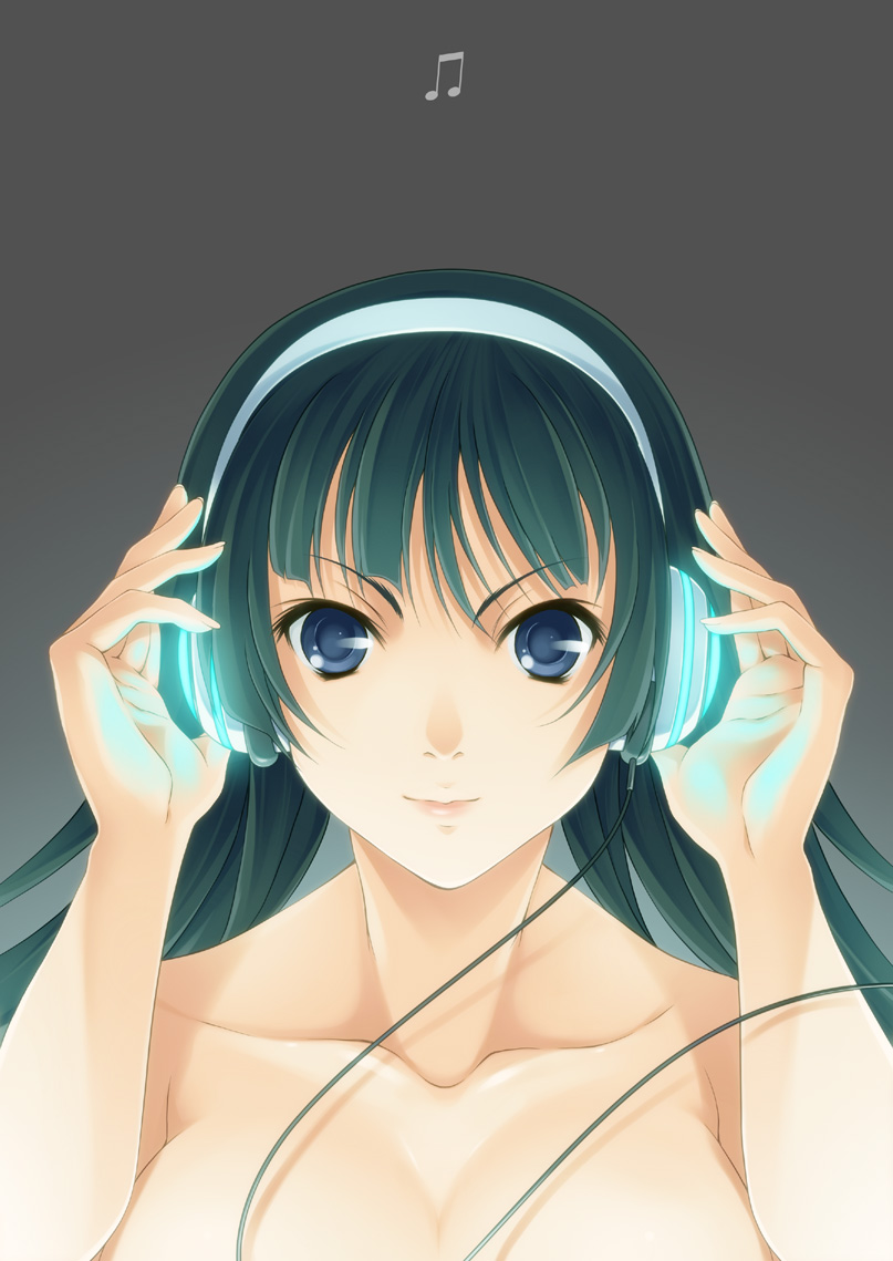 mukunokino isshiki, akiyama mio, k-on!, 00s, 1girl, black hair, blue eyes, breasts, cable, collarbone, female focus, headphones, large breasts, lips, long hair, musical note, smirk, solo, topless female, topless frame