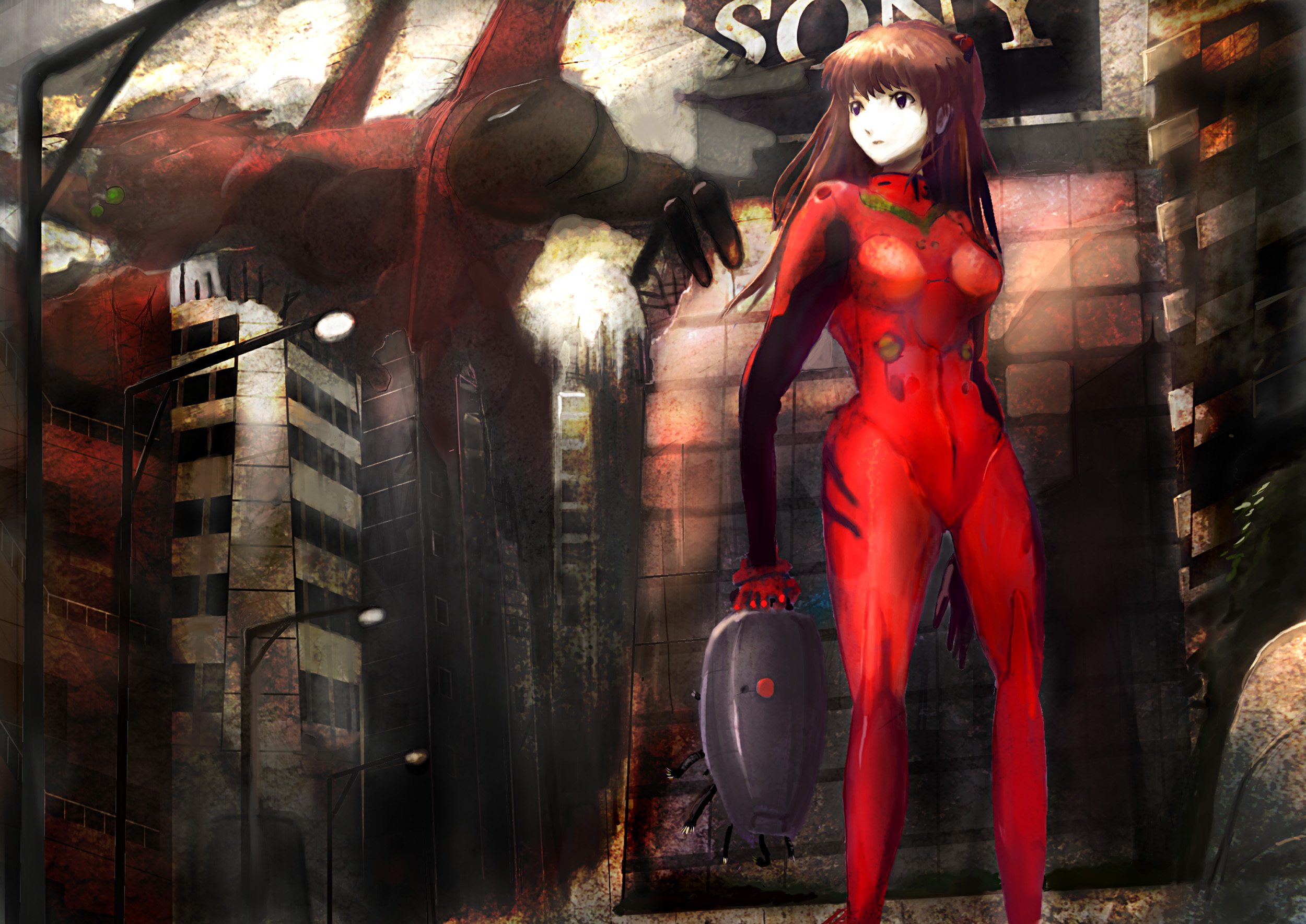 eva 02, souryuu asuka langley, evangelion: 2.0 you can (not) advance, neon genesis evangelion, rebuild of evangelion, sony, highres, non-web source, 00s, blue eyes, cable, city, hair ornament, hairclip, machine, mecha, mecha pilot suit, plugsuit (evangelion), red hair, robot, ruins