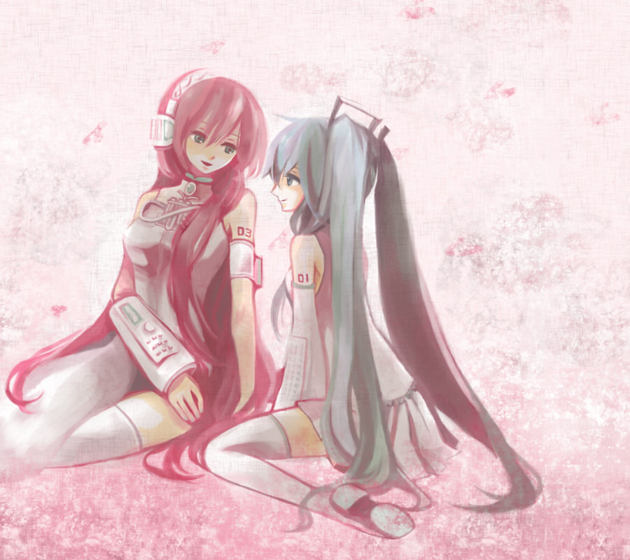 tasuku (bixbite), hatsune miku, megurine luka, vocaloid, bad id, bad pixiv id, 2girls, aqua eyes, aqua hair, detached sleeves, headphones, long hair, multiple girls, pink hair, sitting, skirt, smile, thighhighs, zettai ryouiki