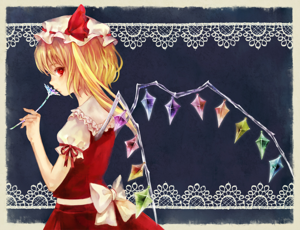fukahire (ruinon), flandre scarlet, touhou, bad id, bad pixiv id, 1girl, blonde hair, blouse, blue background, female focus, flower, from side, hat, mob cap, one side up, red eyes, shirt, side ponytail, smelling, smelling flower, solo, white hat, white shirt, wings