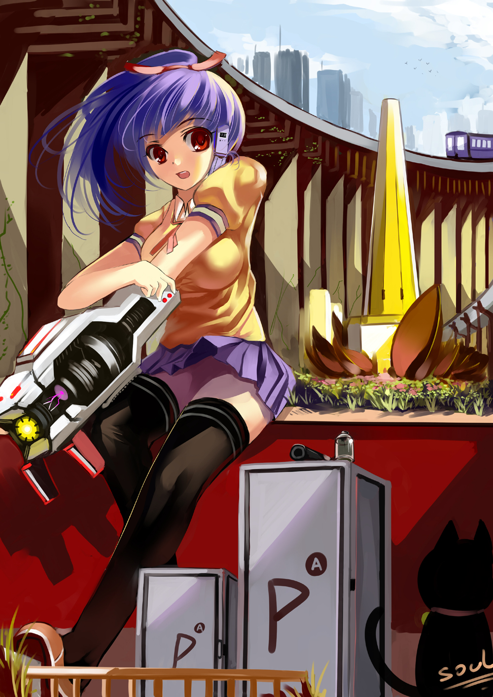 miyazakisoul, bad id, bad pixiv id, highres, blue hair, cat, headset, ponytail, red eyes, skirt, solo, thighhighs, zettai ryouiki