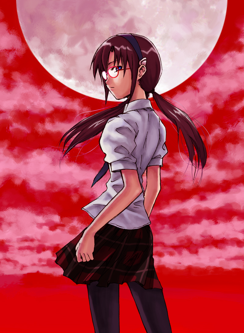 yarisugi, makinami mari illustrious, neon genesis evangelion, rebuild of evangelion, 00s, 1girl, blouse, blue eyes, brown hair, cloud, female focus, glasses, hairband, long hair, low twintails, moon, necktie, outdoors, panties, pantyhose, plaid clothes, plaid skirt, red sky, red theme, school uniform, shirt, skirt, sky, solo, twintails, underwear