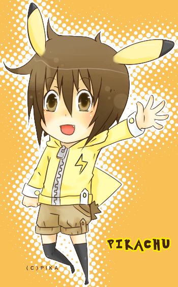 pii (pxuy), pikachu, nintendo, pokemon, bad id, bad pixiv id, 1boy, gen 1 pokemon, happy, hood, hoodie, male focus, personification, solo