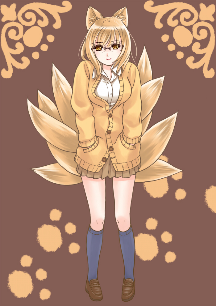gorota, yakumo ran, touhou, bad id, bad pixiv id, 1girl, alternate costume, animal ears, bespectacled, blonde hair, brown background, casual, contemporary, female focus, fox ears, fox tail, glasses, kneehighs, multiple tails, no headwear, paw print, shoes, short hair, socks, solo, tail, yellow eyes