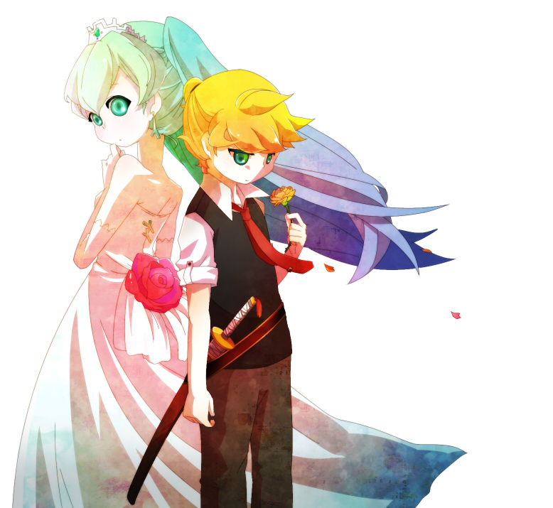 cheeseko, mozusu, hatsune miku, kagamine len, vocaloid, bad id, bad pixiv id, 1boy, 1girl, aqua hair, blonde hair, blue hair, dress, elbow gloves, flower, gloves, gradient hair, green eyes, multicolored hair, necktie, petals, rose, sword, twintails, weapon, white dress