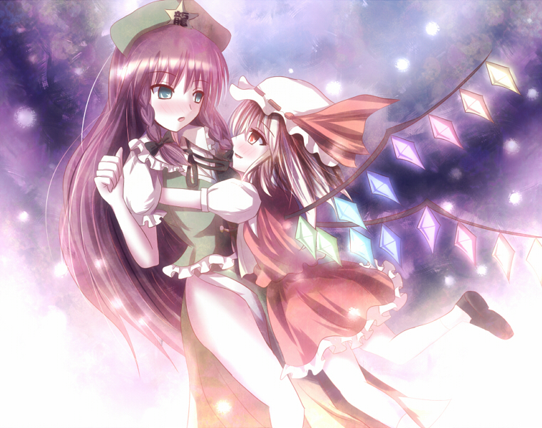 non (nobu), flandre scarlet, hong meiling, embodiment of scarlet devil, touhou, 2girls, blonde hair, blush, braid, china dress, chinese clothes, dress, female focus, hat, hug, multiple girls, red hair, twin braids, wings, yellow eyes