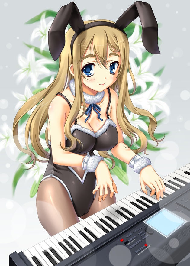 miyai sen, kotobuki tsumugi, k-on!, korg, 00s, 1girl, animal ears, blonde hair, blue eyes, breasts, cameltoe, cleavage, covered erect nipples, fake animal ears, female focus, flower, instrument, keyboard, keyboard (instrument), large breasts, lily (flower), pantyhose, playboy bunny, rabbit ears, solo, wrist cuffs