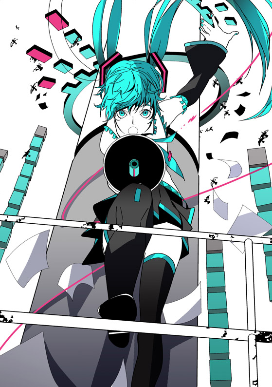 sidgrace, hatsune miku, koi wa sensou (vocaloid), vocaloid, bad id, bad pixiv id, aqua eyes, aqua hair, bird, detached sleeves, long hair, megaphone, necktie, skirt, solo, tears, thighhighs, twintails, zettai ryouiki