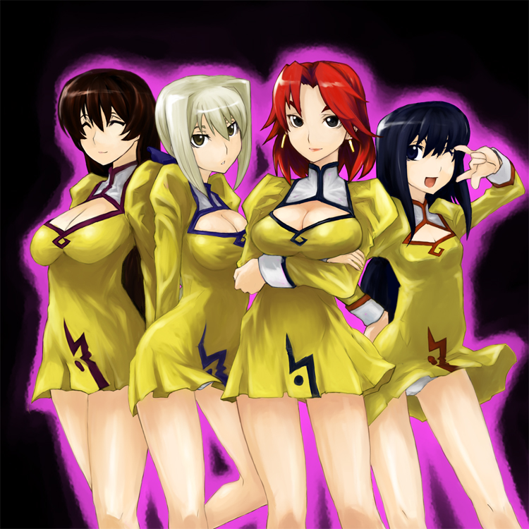 skj, bianca (agent aika), delmo, golden delmo, rie petoriyacowa, sania (agent aika), tonia (agent aika), agent aika, aika (series), uniform, 1990s (style), 4girls, arms under breasts, black background, black eyes, black hair, bow, breasts, brown eyes, brown hair, cleavage, cleavage cutout, clothing cutout, crossed arms, curvy, dress, eyelashes, female focus, gradient background, hair bow, hair intakes, hand on own hip, long hair, m/, multiple girls, one eye closed, panties, pantyshot, parted bangs, raised eyebrows, red hair, retro artstyle, short dress, short hair, smile, standing, thighs, underwear, white hair, wink