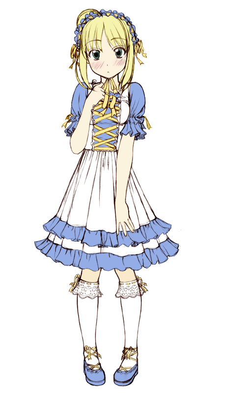 sin-go, artoria pendragon (fate), saber (fate), fate/stay night, fate (series), colorized, 00s, 1girl, alternate costume, blonde hair, blush, dress, female focus, flat color, frills, full body, goth fashion, gothic lolita, hairband, headdress, lolita fashion, lolita hairband, pigeon-toed, simple background, socks, solo, sweet lolita, white background, white socks