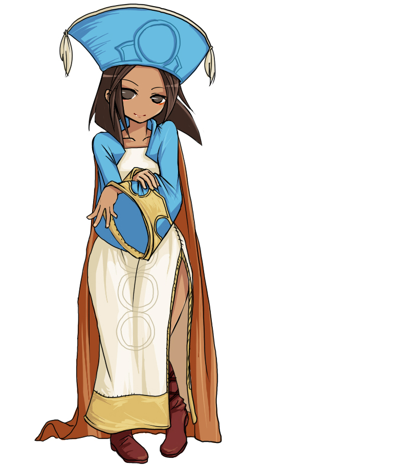 tun, orator (fft), rapha galthena, final fantasy, final fantasy tactics, brown hair, class change, dark-skinned female, dark skin, eyeliner, hat, makeup, robe, short hair, side slit