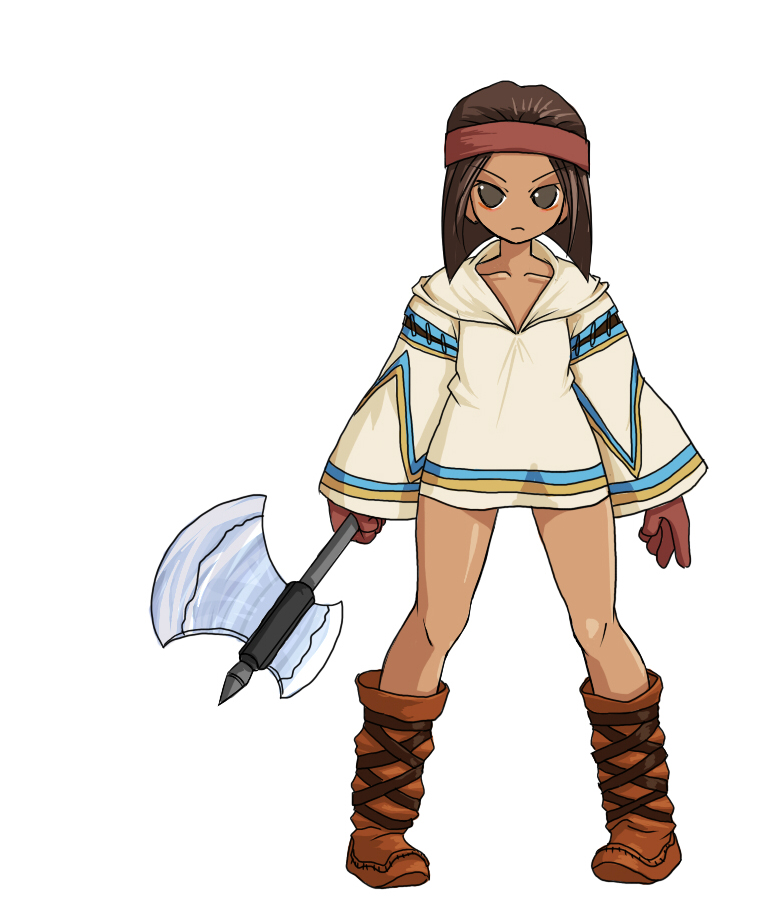 tun, geomancer (fft), rapha galthena, final fantasy, final fantasy tactics, axe, brown hair, class change, dark-skinned female, dark skin, eyeliner, headband, makeup, short hair, weapon