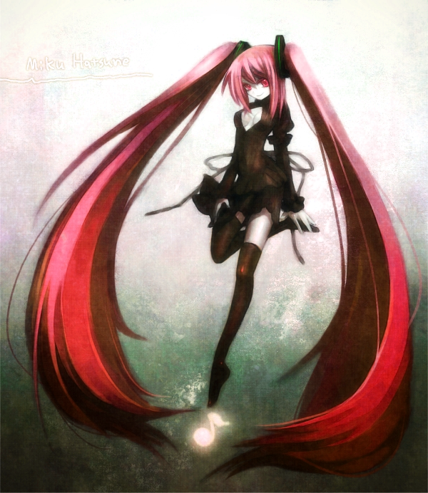io (metronome), io (pixiv), hatsune miku, vocaloid, bad id, bad pixiv id, 1girl, alternate color, black dress, dress, female focus, long hair, red eyes, red hair, short dress, skirt, solo, thighhighs, twintails, very long hair, zettai ryouiki