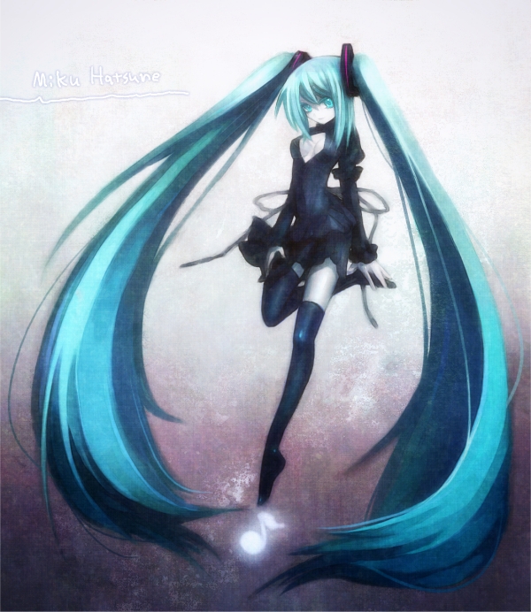 io (metronome), io (pixiv), hatsune miku, vocaloid, bad id, bad pixiv id, 1girl, black dress, blue eyes, blue hair, dress, female focus, long hair, matching hair/eyes, short dress, solo, thighhighs, twintails, very long hair, zettai ryouiki
