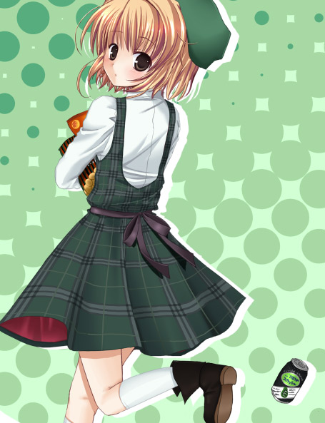 mocha (monbana), mocha (pixiv127656), yuuki kanade, fortune arterial, plaid, bad id, bad pixiv id, 1girl, boots, brown eyes, brown hair, can, carrying, dress, female focus, hat, looking back, pinafore dress, short hair, sleeveless, sleeveless dress, solo