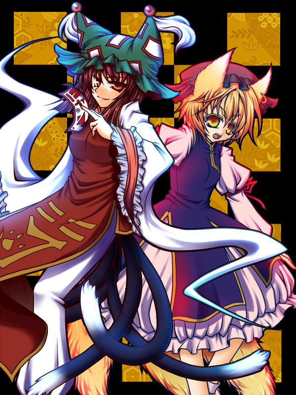 kisaragi you, chen, yakumo ran, touhou, 2girls, aged up, animal ears, animal hat, blonde hair, brown hair, cat ears, cat girl, cat tail, earrings, female focus, fox ears, fox tail, hat, jewelry, juliet sleeves, long sleeves, mob cap, multiple girls, multiple tails, pants, puffy sleeves, role reversal, role swap, short hair, tail, tassel, wide sleeves, yellow eyes