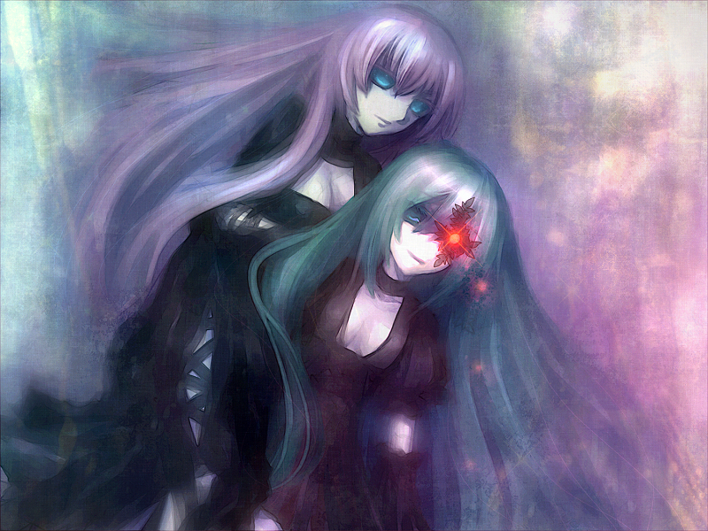 io (metronome), io (pixiv), hatsune miku, megurine luka, vocaloid, bad id, bad pixiv id, 2girls, aqua hair, black dress, blue eyes, dress, glowing, glowing eye, glowing eyes, long hair, multiple girls, pink hair