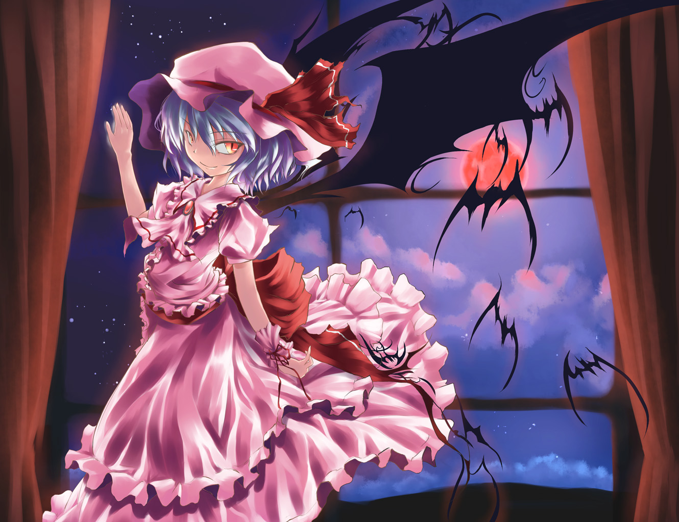 awa yume, remilia scarlet, touhou, 1girl, bat wings, blue hair, female focus, hat, indoors, moon, red eyes, red moon, short hair, skirt, sky, solo, wings, wrist cuffs