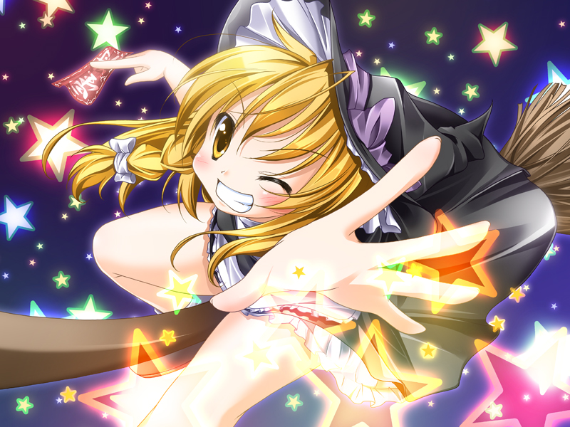 masaki kei, kirisame marisa, touhou, 1girl, blonde hair, broom, broom riding, female focus, foreshortening, gradient background, grin, hat, one eye closed, outstretched arm, outstretched hand, reaching, smile, solo, wink, witch, witch hat