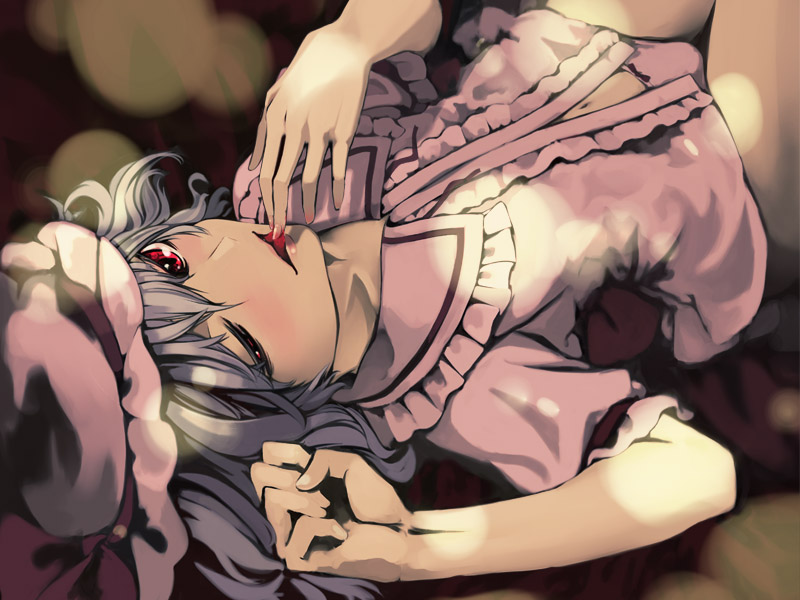 miyakaze, remilia scarlet, touhou, 1girl, blue hair, bottomless, female focus, hat, licking, licking finger, lying, panties, red eyes, short hair, solo, tongue, underwear