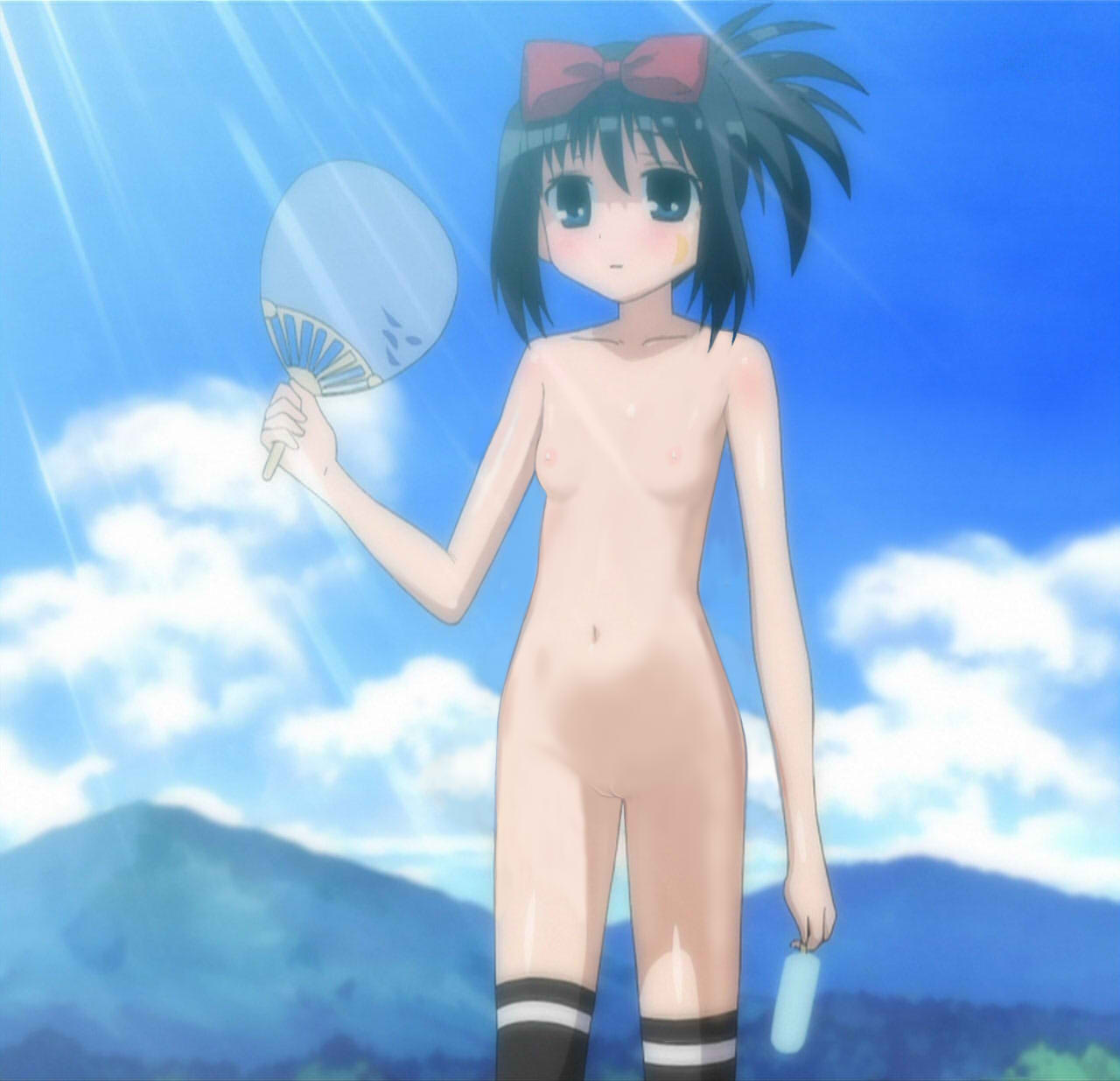 kunihiro hajime, saki (manga), highres, nude filter, third-party edit, 00s, 1girl, black hair, blue eyes, bow, cowboy shot, female focus, flat chest, food, hair bow, hand fan, loli, long hair, midriff, navel, nipples, nude, ponytail, popsicle, pussy, solo, thighhighs, uncensored, zenra