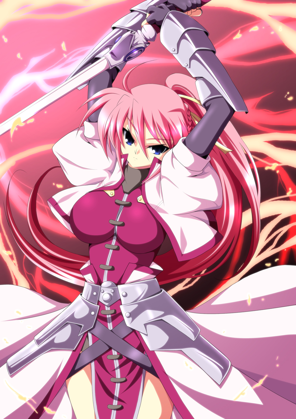 ka2, laevatein (nanoha), signum, lyrical nanoha, mahou shoujo lyrical nanoha, mahou shoujo lyrical nanoha a's, highres, 00s, 1girl, ahoge, arms up, blue eyes, breasts, female focus, fingerless gloves, fire, gauntlets, gloves, hair ribbon, large breasts, long hair, pink hair, ponytail, ribbon, solo, sword, thighs, weapon, whip sword