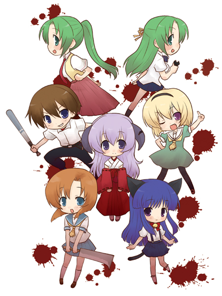 rikaon, furude rika, hanyuu, houjou satoko, maebara keiichi, ryuuguu rena, sonozaki mion, sonozaki shion, higurashi no naku koro ni, 00s, 1boy, 6+girls, animal ears, baseball bat, billhook, blonde hair, blood, blue eyes, blue hair, blunt bangs, bow, brown hair, cat ears, chibi, detached sleeves, electroshock weapon, fang, green eyes, green hair, hairband, hakama, hakama skirt, half updo, hashitsuki nata, hatchet, hime cut, horns, japanese clothes, kneehighs, less-than-lethal weapon, long hair, miko, multiple girls, nata (tool), necktie, one eye closed, orange hair, pantyhose, ponytail, purple eyes, purple hair, red hakama, school uniform, serafuku, short hair, siblings, sisters, skirt, smile, socks, stun gun, suspender skirt, suspenders, taser, twins, weapon, wink