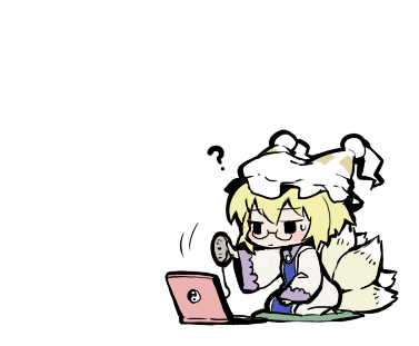 ume (noraneko), nagato yuki, yakumo ran, suzumiya haruhi no yuuutsu, touhou, bad id, bad pixiv id, lowres, 1girl, ?, animal hat, bespectacled, blonde hair, chibi, computer, computer mouse, female focus, fox tail, glasses, hat, laptop, long sleeves, mob cap, multiple tails, parody, short hair, solo, tail, tassel, transparent background, wide sleeves, yin yang