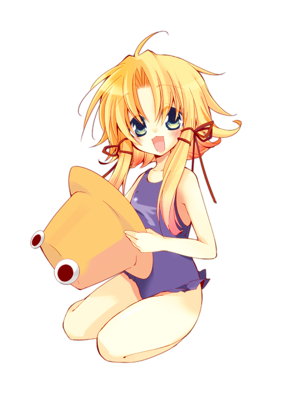 mao (alepricos), moriya suwako, touhou, 1girl, blonde hair, blue eyes, female focus, hair ribbon, hat, one-piece swimsuit, ribbon, short hair, solo, swimsuit