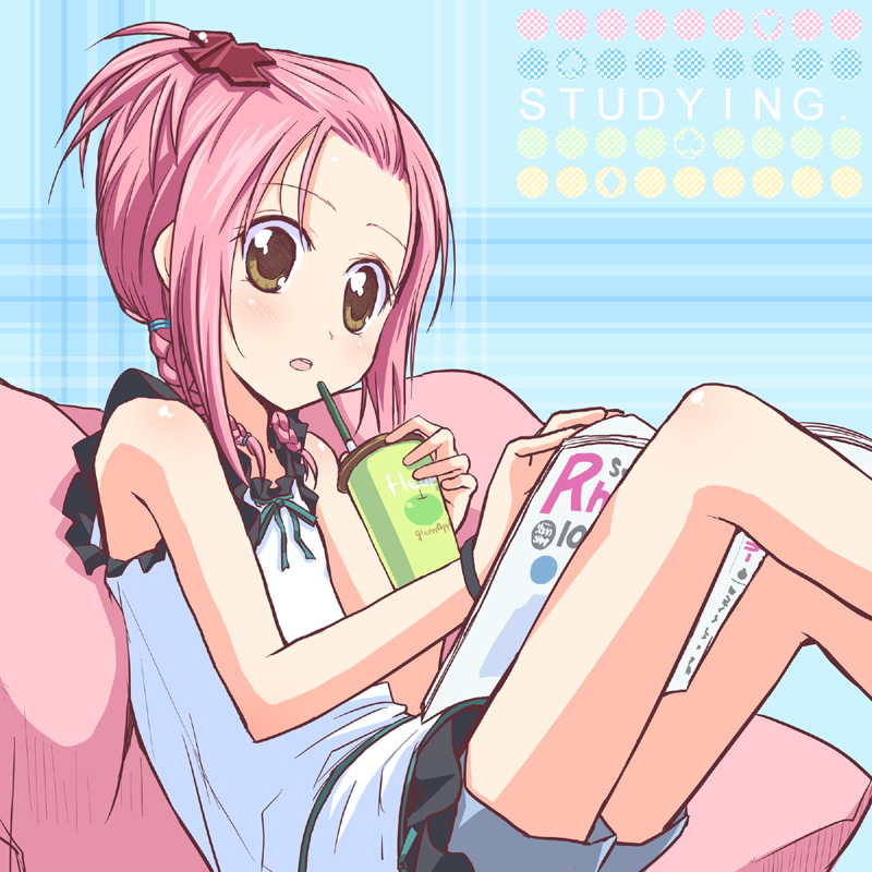 hyuuga takashi, hinamori amu, shugo chara!, 1girl, apple, braid, child, cross hair ornament, dress, drink, english text, female focus, food, forehead, frills, fruit, hair ornament, pink hair, shorts, solo, studying, twin braids, yellow eyes