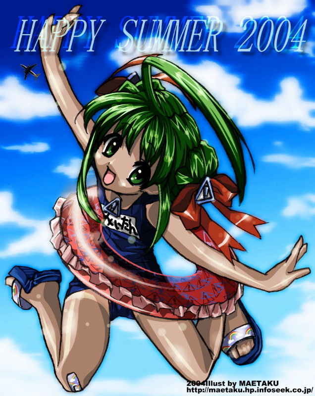 maetaku, me-tan, os-tan, green eyes, green hair, innertube, jumping, one-piece swimsuit, sandals, school swimsuit, solo, swim ring, swimsuit