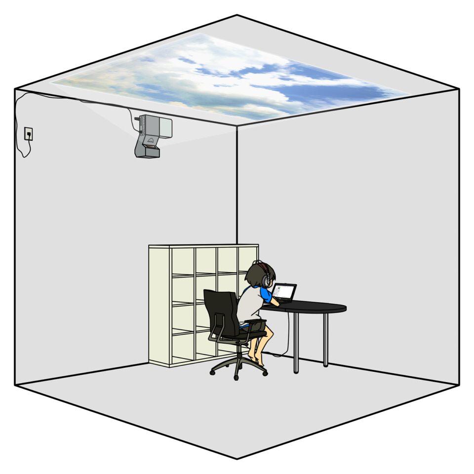 uewtsol, ruri (uewtsol), akg, original, 1girl, barefoot, black hair, chair, cloud, computer, computer keyboard, feet, female focus, headphones, laptop, projector, raglan sleeves, sitting, sky, soles, solo