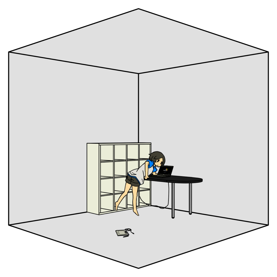 uewtsol, ruri (uewtsol), microsoft windows, original, wacom, windows xp, 1girl, barefoot, black hair, computer, computer keyboard, drawing tablet, female focus, laptop, raglan sleeves, solo