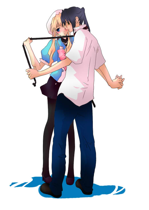 oka (thanmore3cm), saotome alto, sheryl nome, macross, macross frontier, bad id, bad pixiv id, 00s, 1boy, 1girl, black hair, black pantyhose, blush, couple, full body, impossible clothes, pantyhose, pink hair, shirt, short sleeves, simple background, standing, white background, white shirt