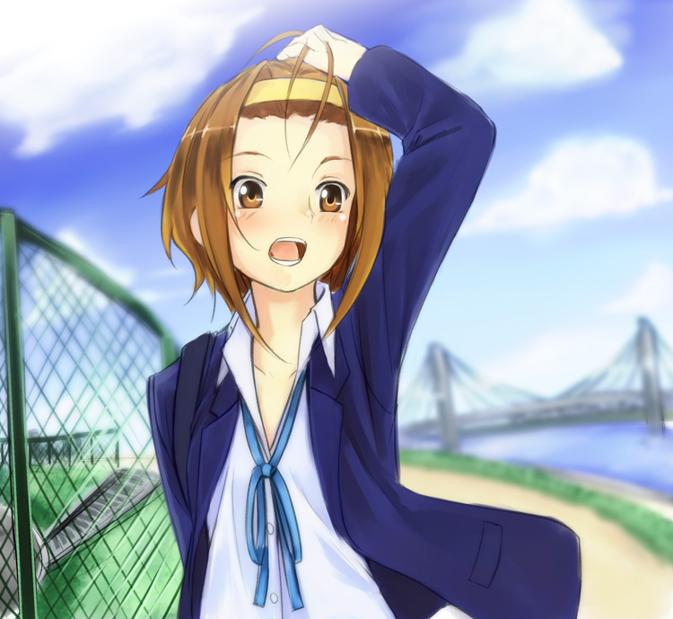 yui 7, tainaka ritsu, k-on!, bad id, bad pixiv id, 00s, 1girl, bridge, brown eyes, brown hair, female focus, hairband, outdoors, school uniform, short hair, sky, solo