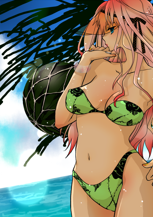 oka (thanmore3cm), sheryl nome, macross, macross frontier, visor, bad id, bad pixiv id, 00s, 1girl, bikini, day, female focus, food, fruit, green bikini, net, solo, swimsuit, visor cap, watermelon