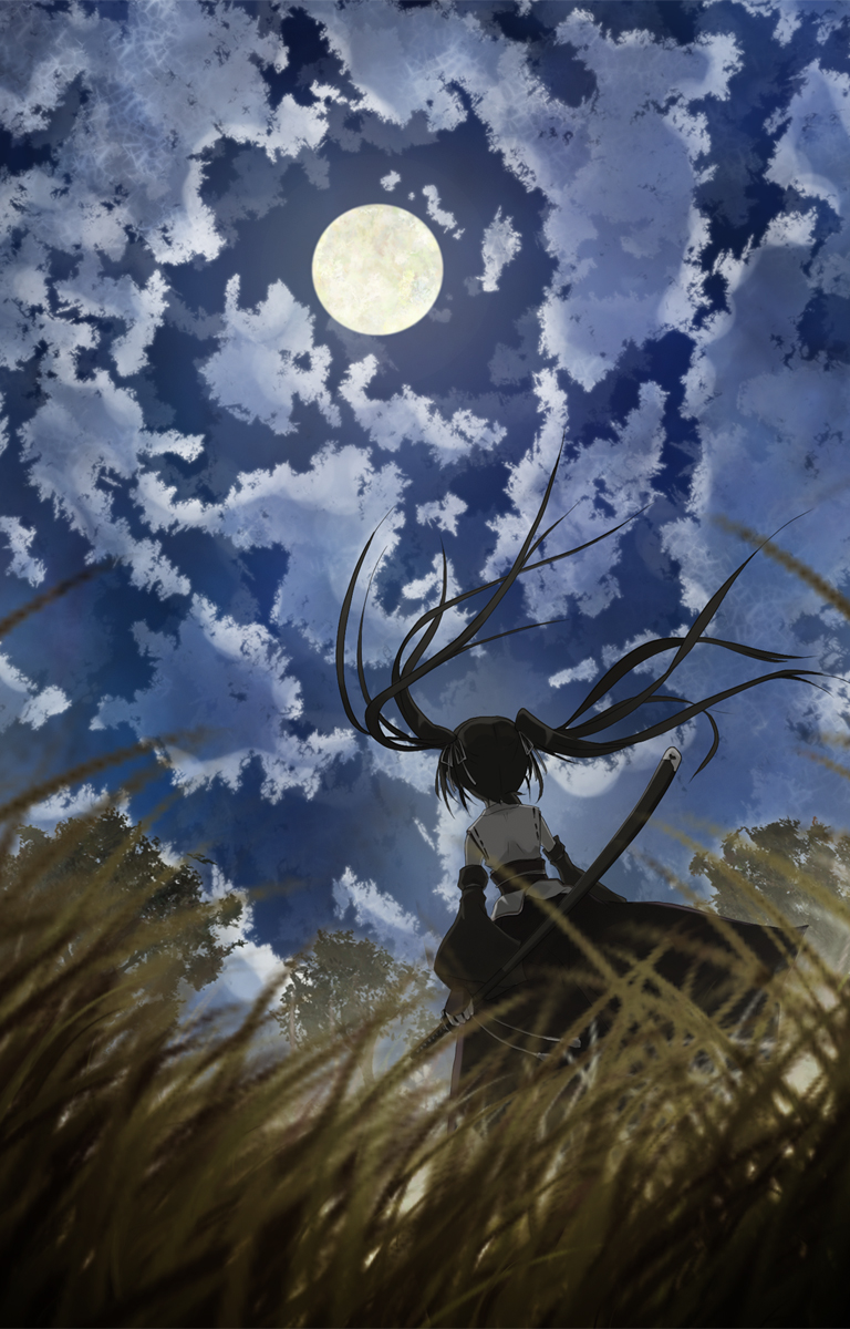 k2pudding, hatsune miku, vocaloid, highres, 1girl, black hair, cloud, female focus, from below, full moon, grass, hair ribbon, japanese clothes, katana, long hair, moon, night, night sky, ribbon, sky, solo, sword, twintails, weapon, wind