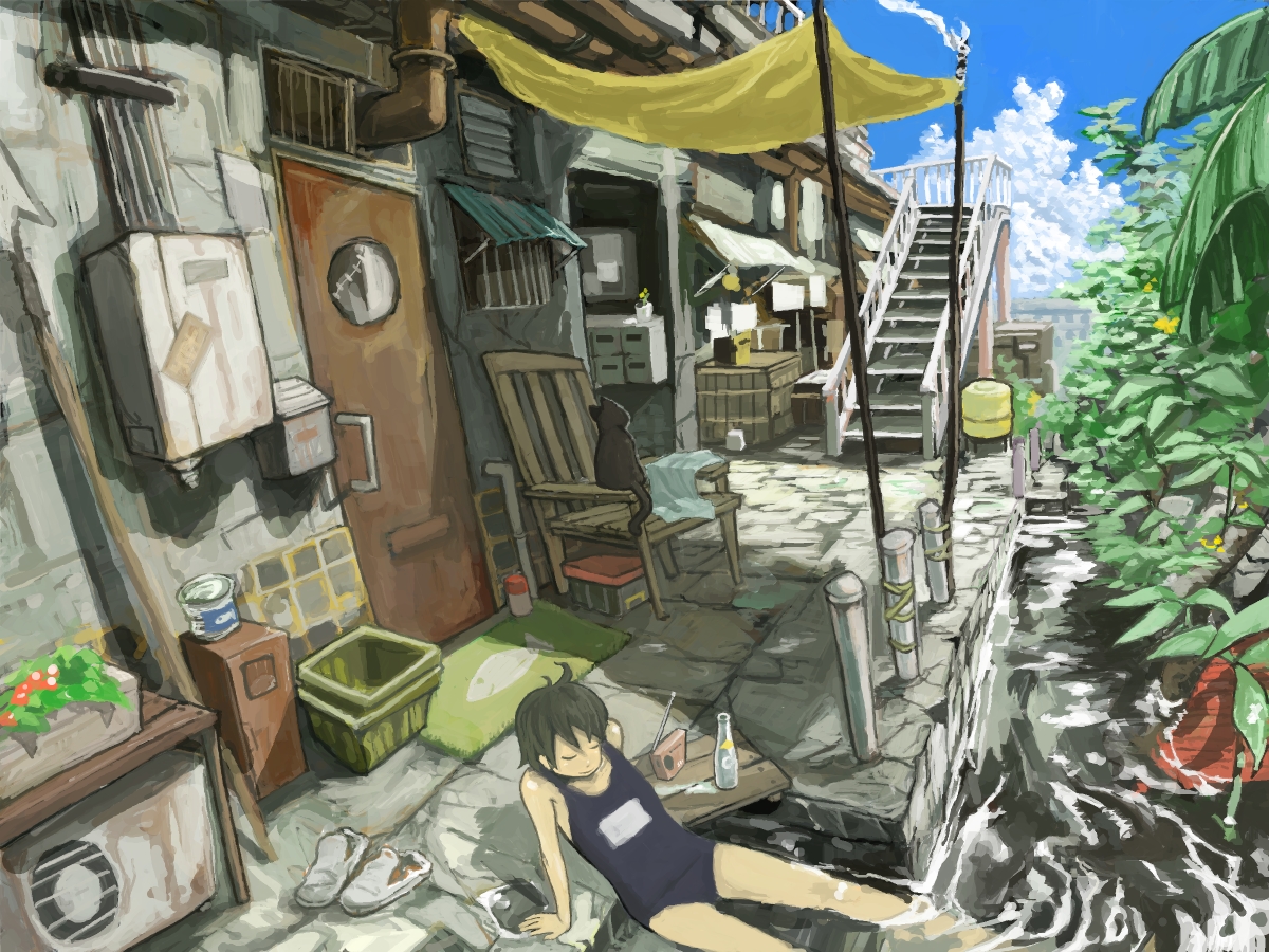 mo-mo-ride, original, bad id, bad pixiv id, arm support, bottle, brown hair, cat, child, closed eyes, one-piece swimsuit, radio, school swimsuit, short hair, sitting, solo, swimsuit, water